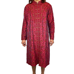 Hakar Vintage Tunic Robe Kurta Beaded Embroidered Red Silk